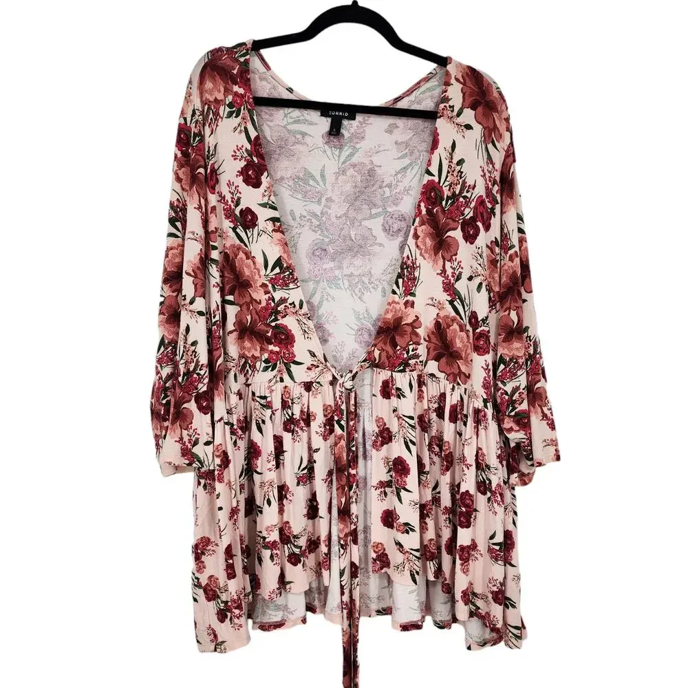 Torrid Pink Floral Knit Crepe Baby Doll 3/4 Sleeve Peplum Jacket Kimono Size 5X